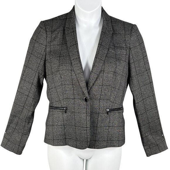 Calvin Klein Womens 10 Gray Houndstooth Windowpane Plaid Blazer Preppy Academia - Picture 1 of 15
